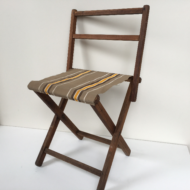 STOOL, Camp - Timber Folding (with back) Brown Stripe Vintage Canvas